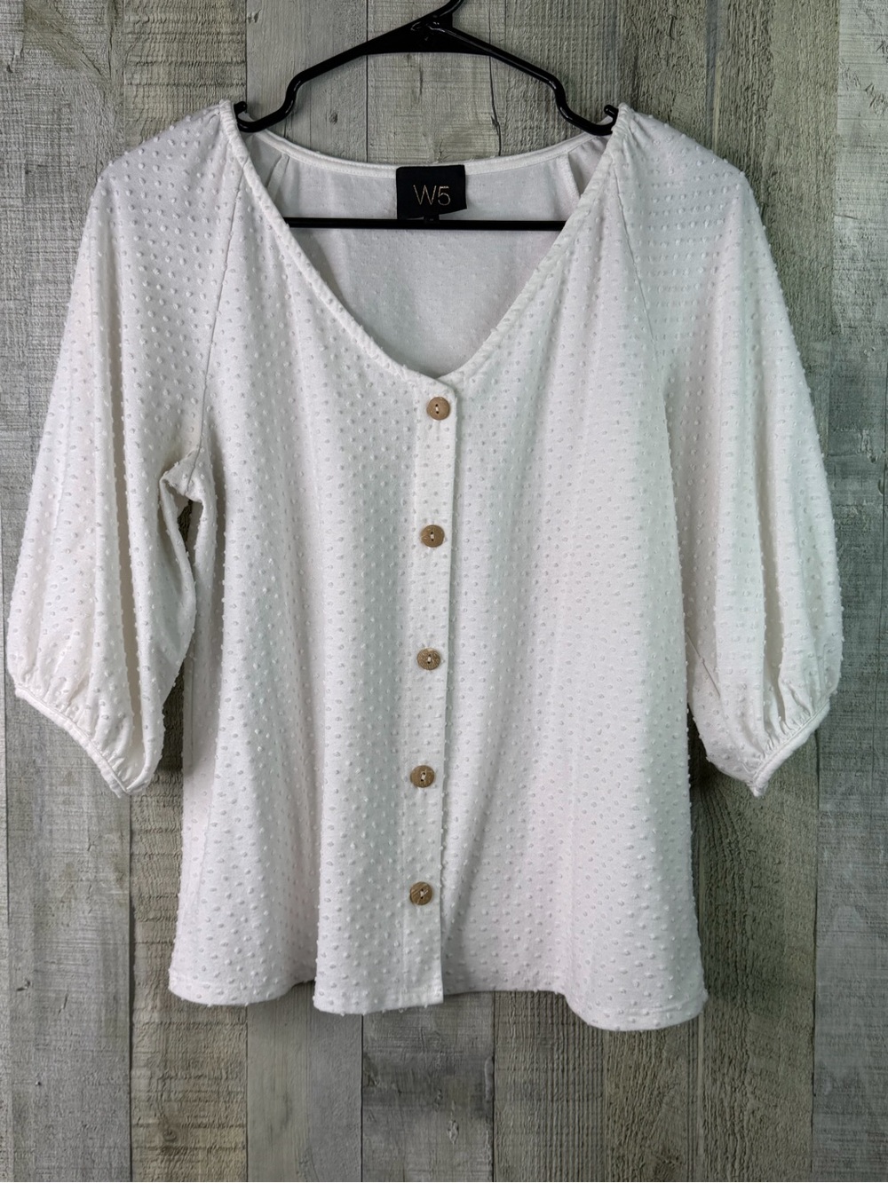 W5 (Anthropologie) Small Clip Dot Off White VNeck Top Short Sleeves Button Front